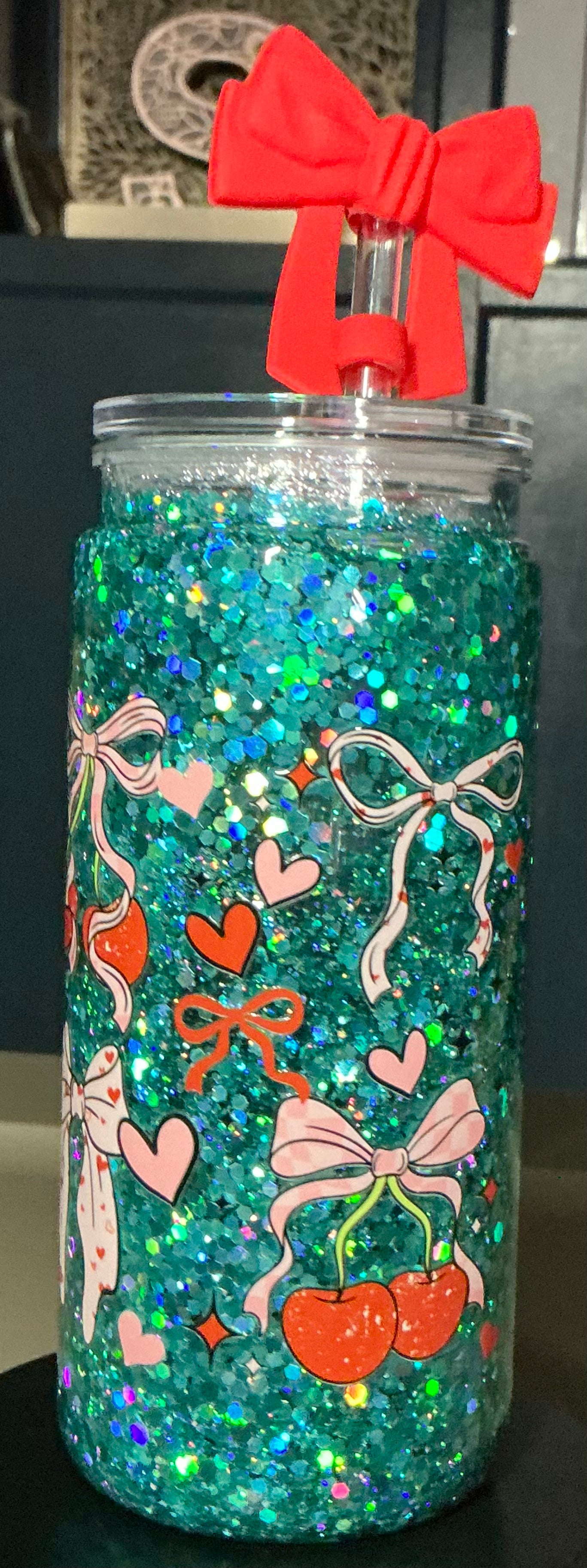 Bows, Hearts and Cherrys 16 Oz Plastic Snow Globe Tumbler