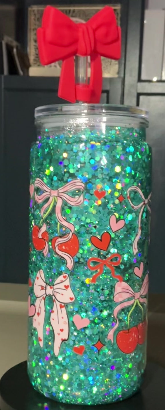 Bows, Hearts and Cherrys 16 Oz Plastic Snow Globe Tumbler